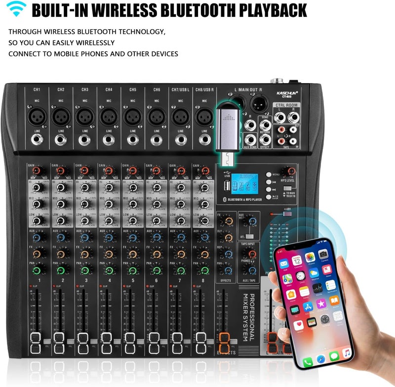 Kaschun Professional Audio Mixer, 12 Channel Mixer Sound Board Mixer DJ Mixing, Equipped With 48v Phantom Power USB Bluetooth MP3 Player, Studio Audio Mixer for DJ Studio Streaming Recording - Image 2